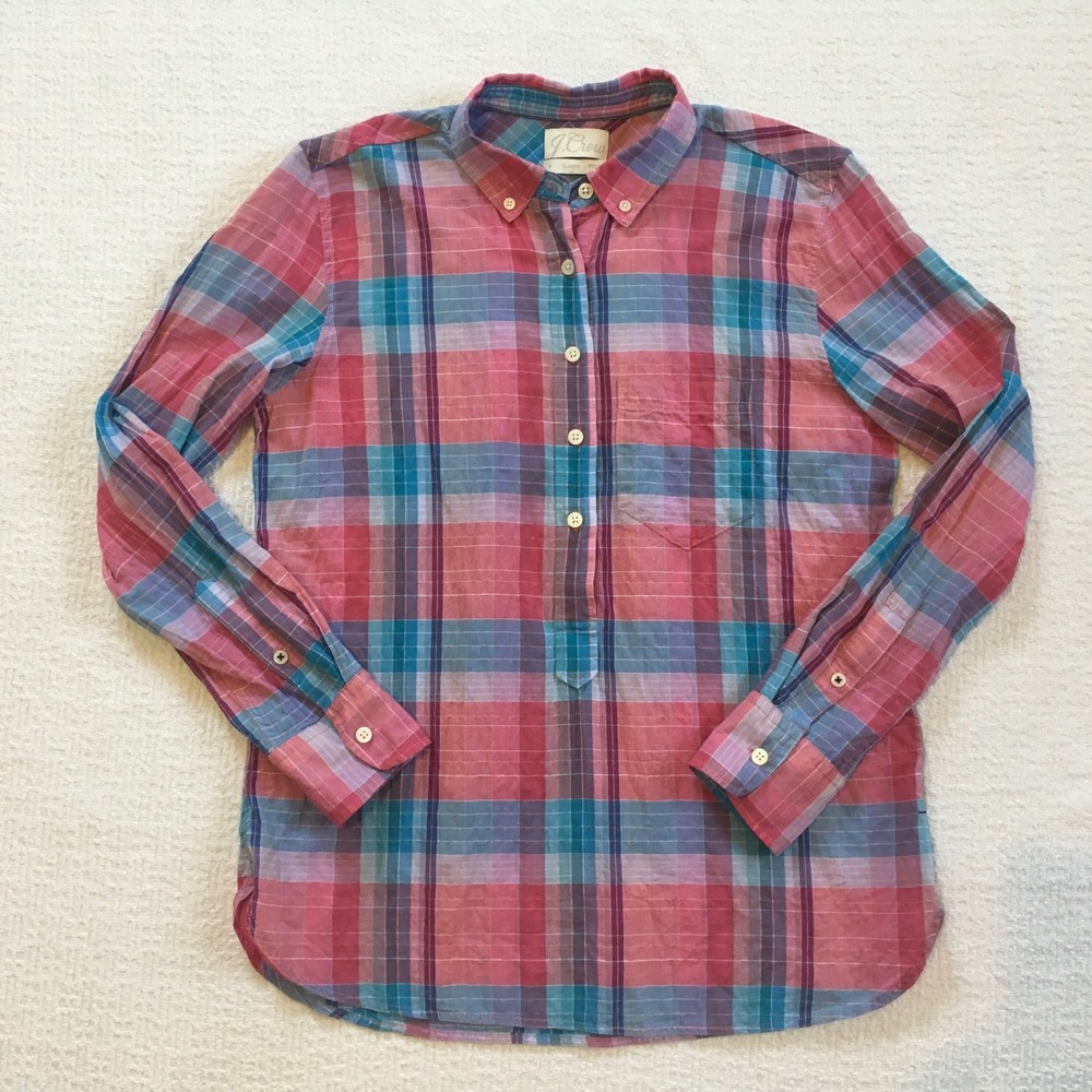 JCrew‎ Reimagined Classic Plaid Collared Popover Shirt Women Small Pink Blue